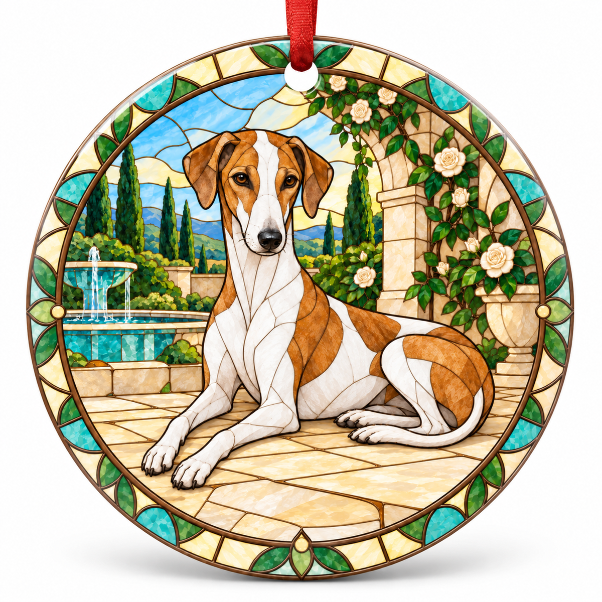 Particolor Azawakh stained glass style porcelain Christmas ornament with red ribbon