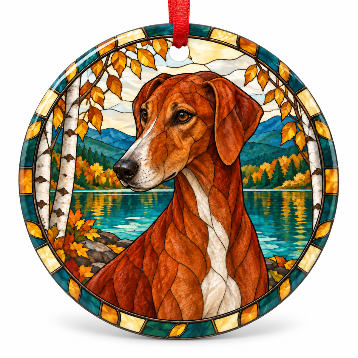 Red Azawakh stained glass style porcelain Christmas ornament with red ribbon