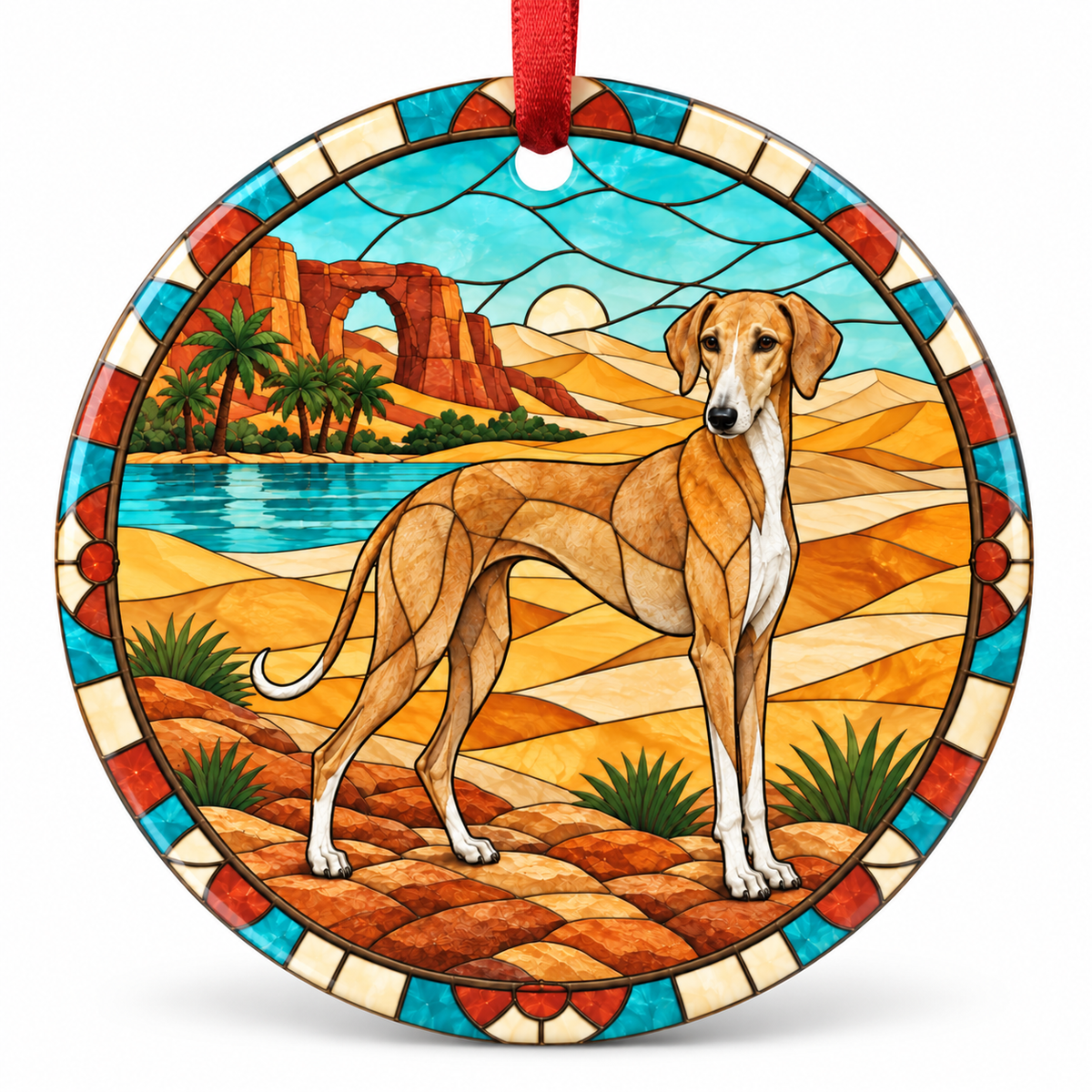 Sand Fawn Azawakh stained glass style porcelain Christmas ornament with red ribbon