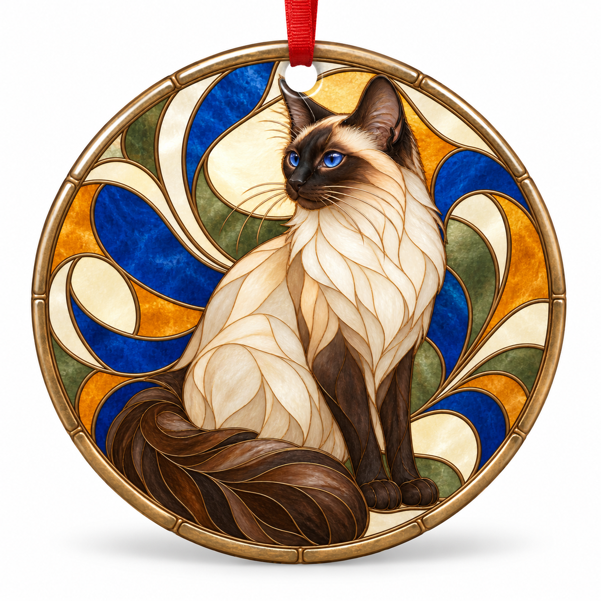 Original Balinese stained glass style porcelain Christmas ornament with red ribbon
