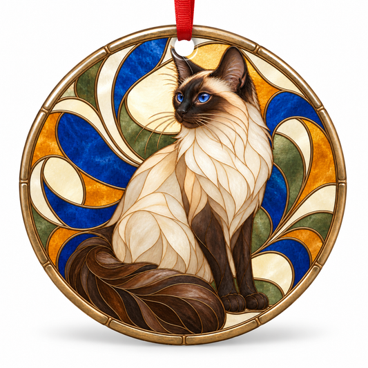 Original Balinese stained glass style porcelain Christmas ornament with red ribbon