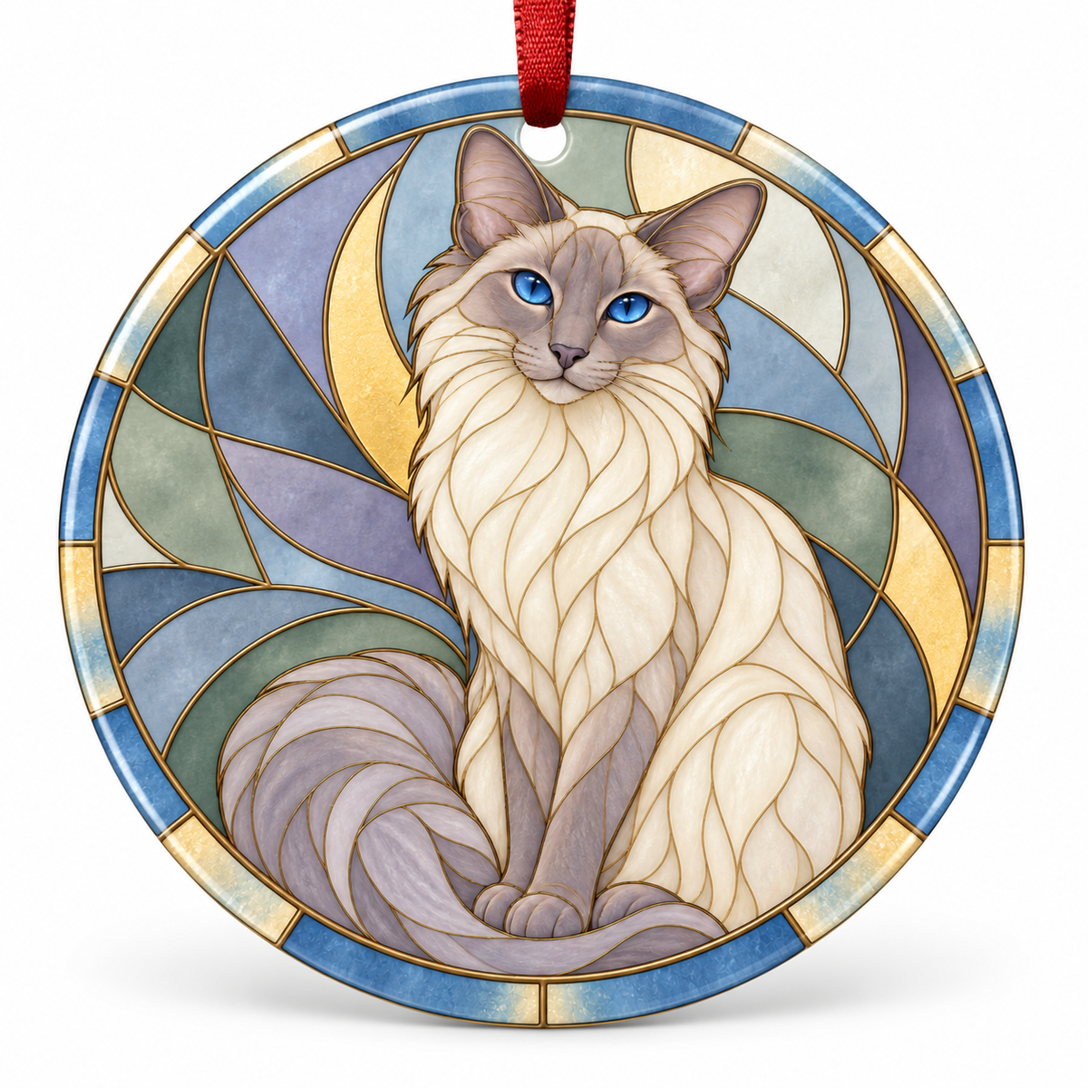 Lilac Point Balinese stained glass style porcelain Christmas ornament with red ribbon