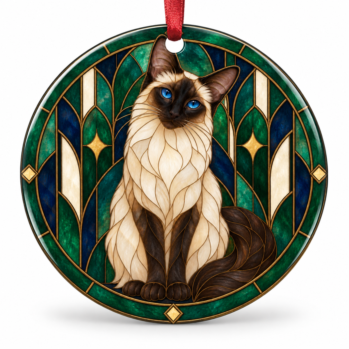 Seal Point Balinese stained glass style porcelain Christmas ornament with red ribbon