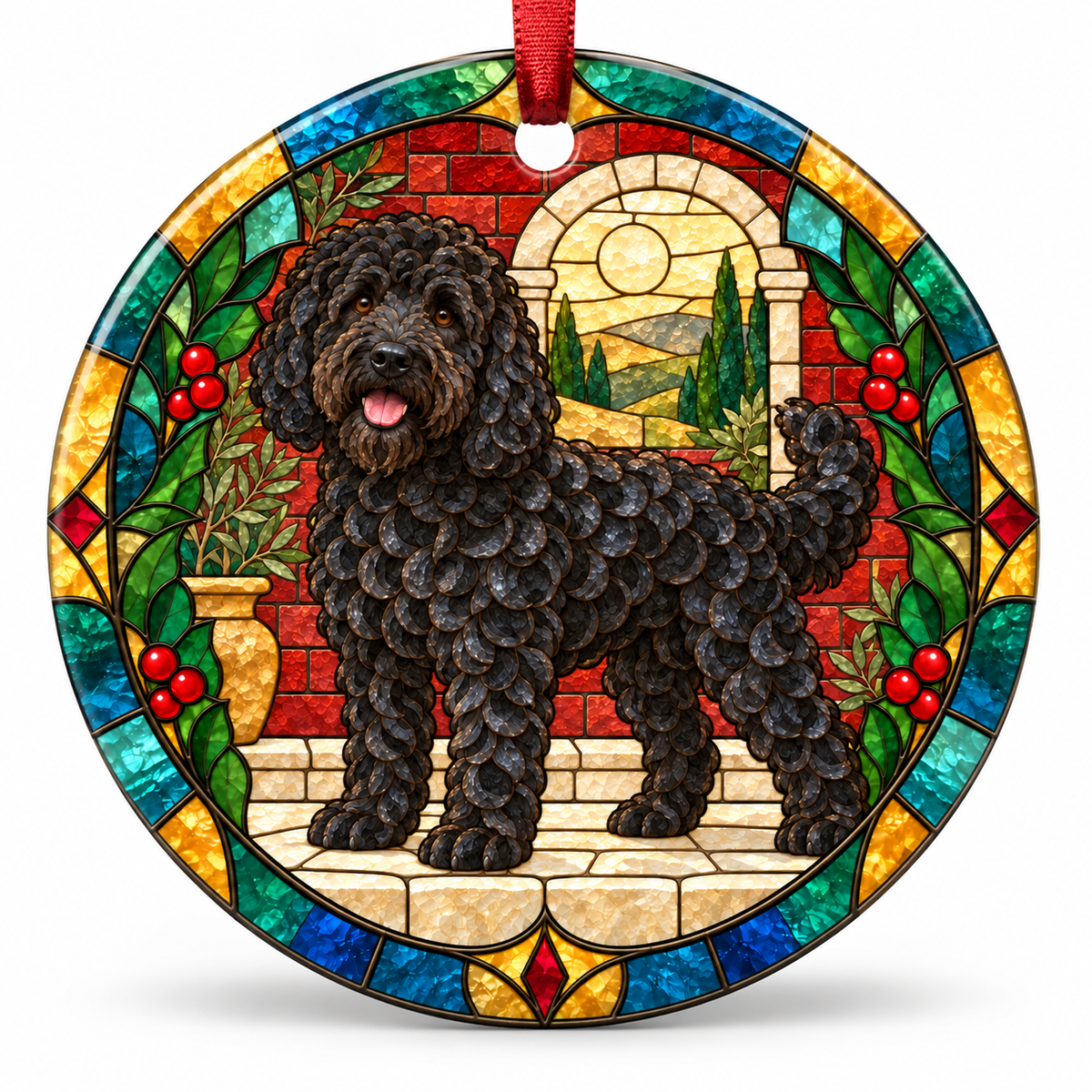 Original Barbet stained glass style porcelain Christmas ornament with red ribbon