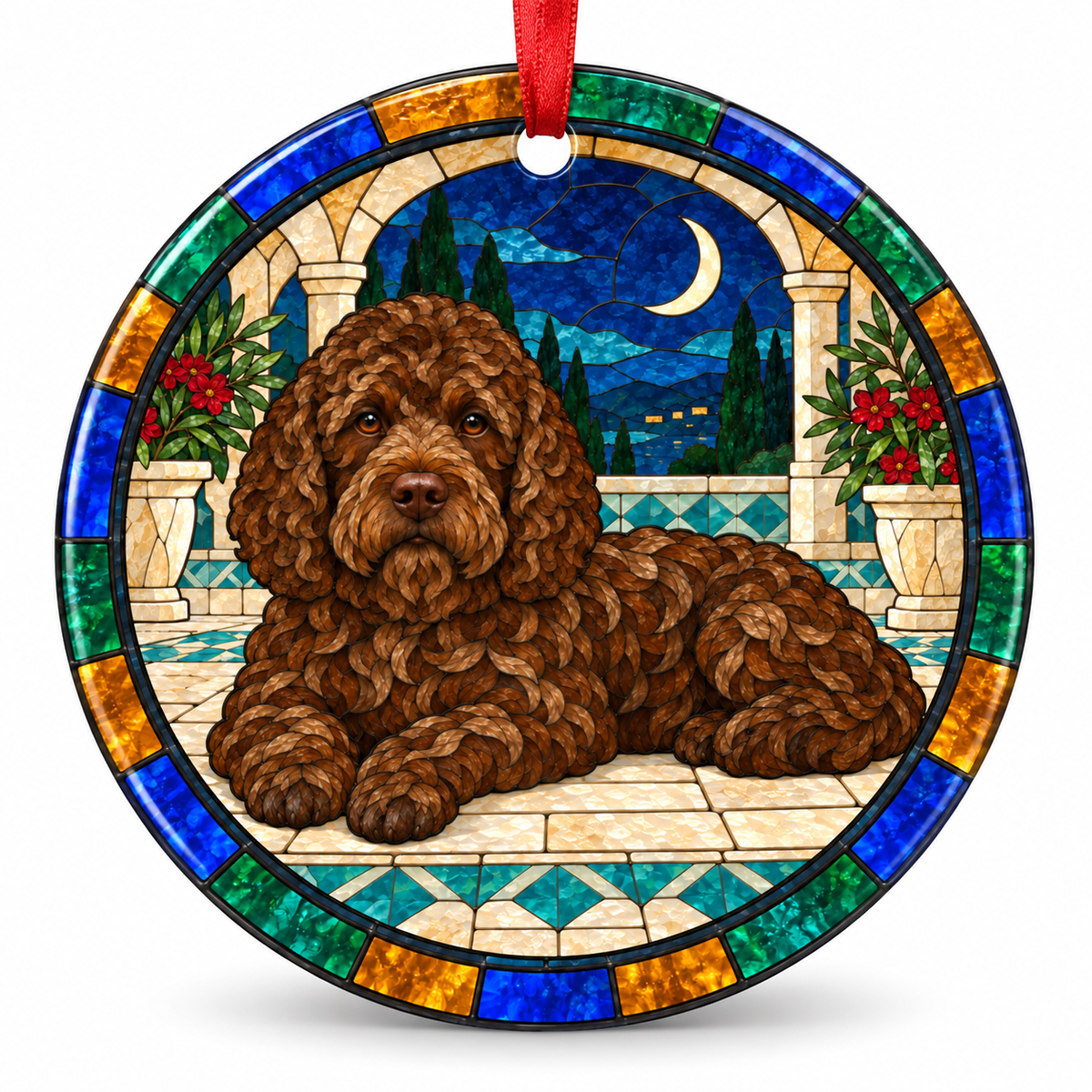 Brown Barbet stained glass style porcelain Christmas ornament with red ribbon