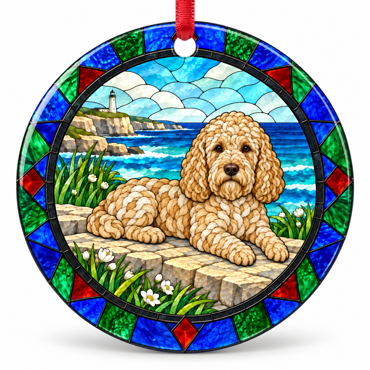 Pale Fawn Barbet stained glass style porcelain Christmas ornament with red ribbon