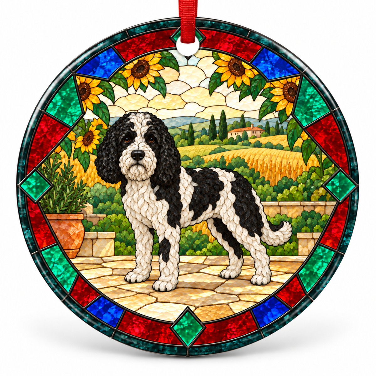 Pied Barbet stained glass style porcelain Christmas ornament with red ribbon