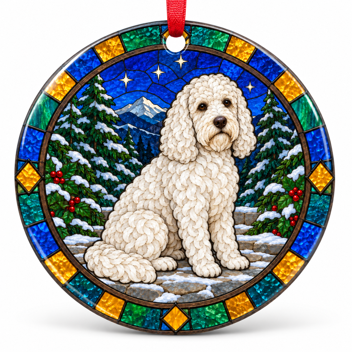 White Barbet stained glass style porcelain Christmas ornament with red ribbon
