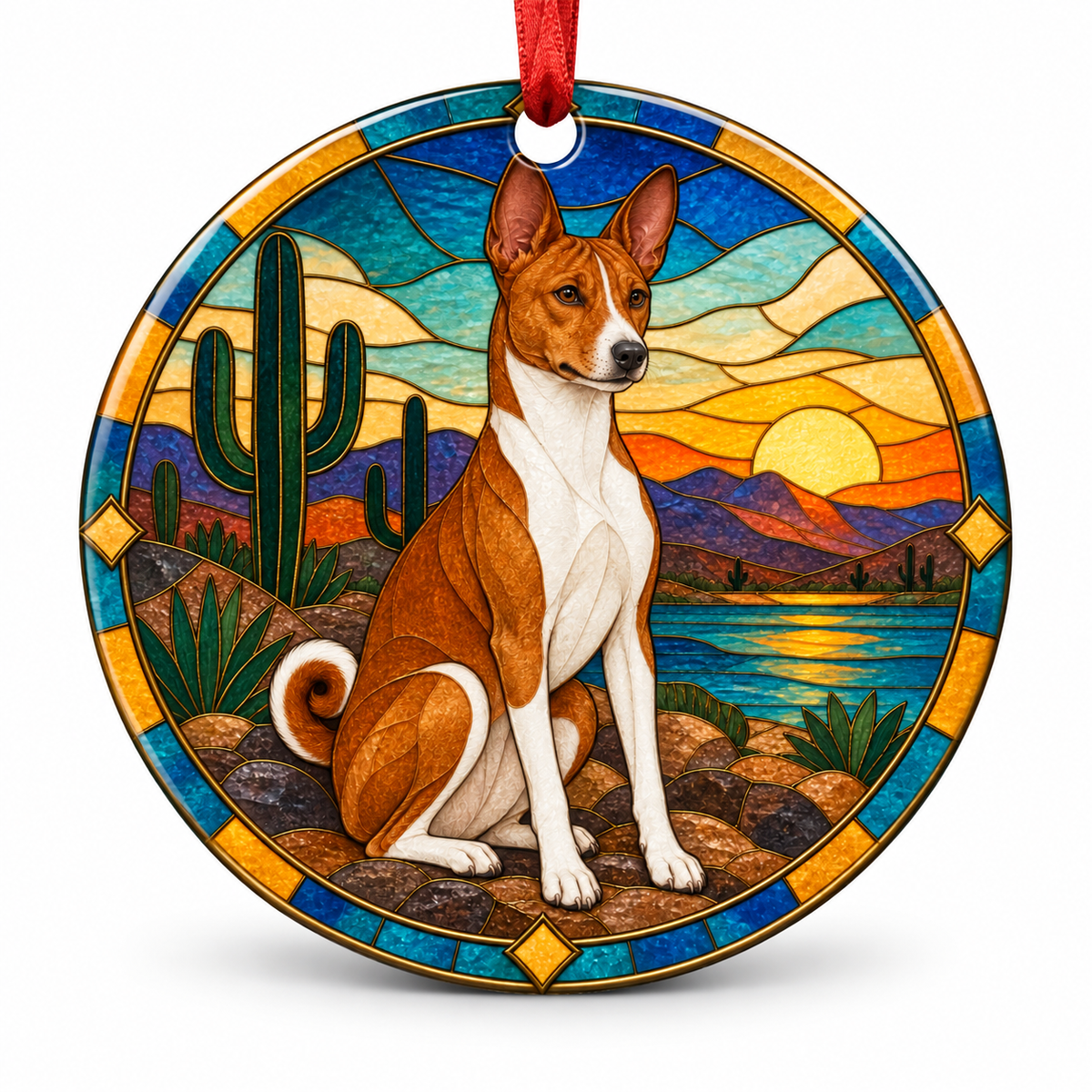 Original Basenji stained glass style porcelain Christmas ornament with red ribbon