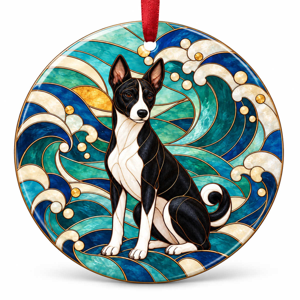 Black And White Basenji stained glass style porcelain Christmas ornament with red ribbon