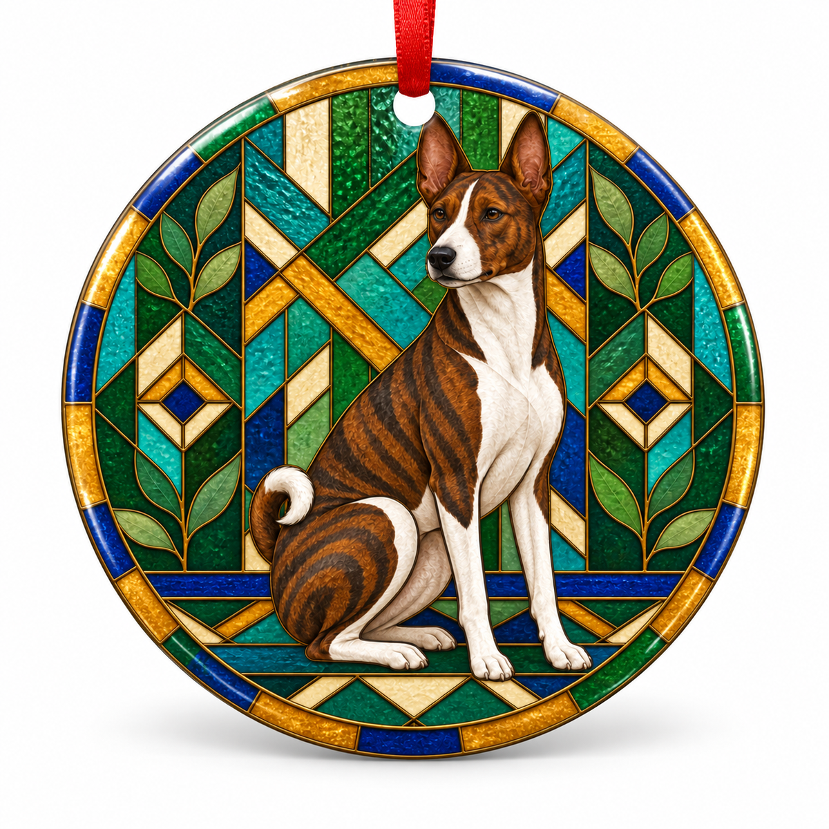 Brindle And White Basenji stained glass style porcelain Christmas ornament with red ribbon