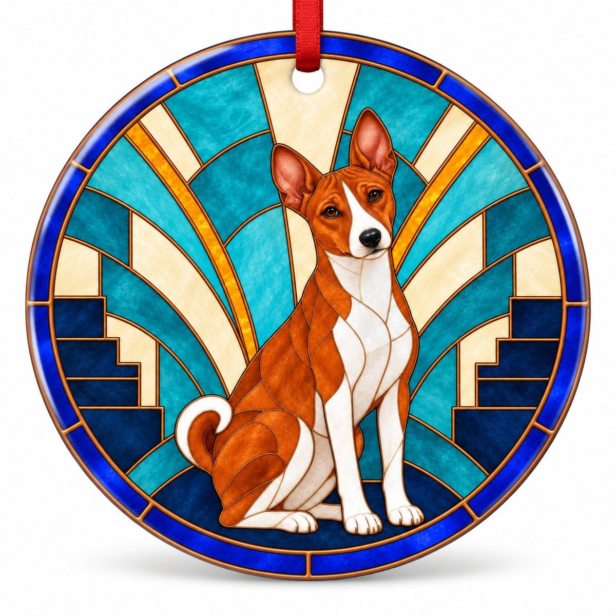 Red And White Basenji stained glass style porcelain Christmas ornament with red ribbon