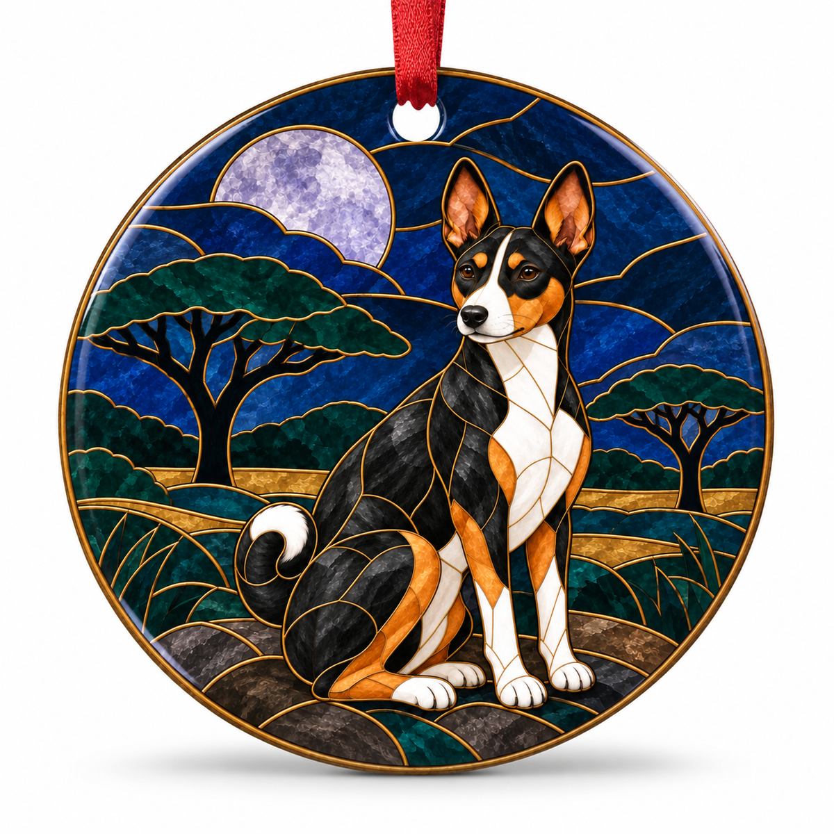 Tricolor Basenji stained glass style porcelain Christmas ornament with red ribbon