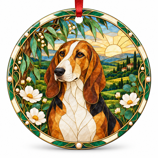 Original Basset Artésien Normand stained glass style porcelain Christmas ornament with red ribbon