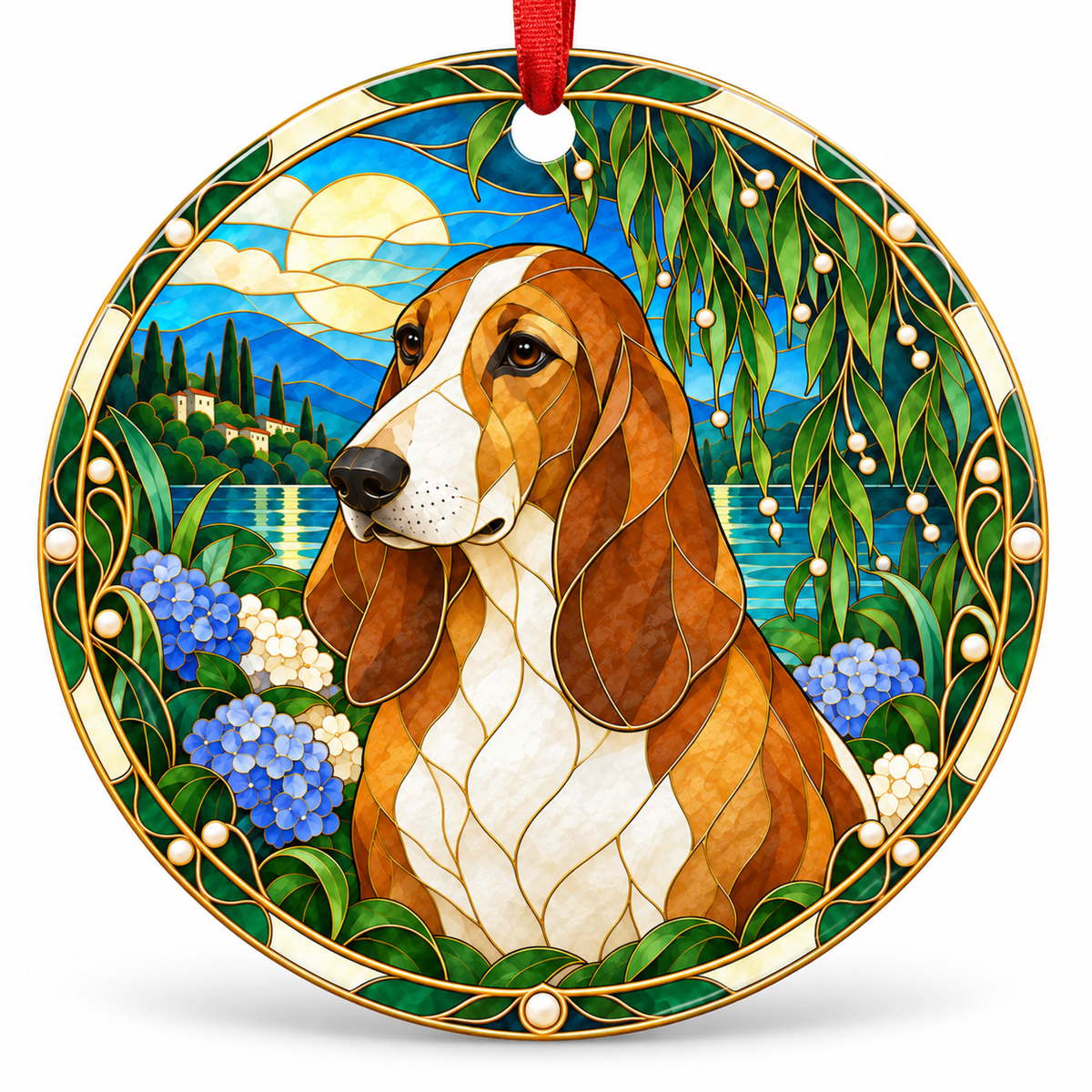 Fawn And White Basset Artésien Normand stained glass style porcelain Christmas ornament with red ribbon