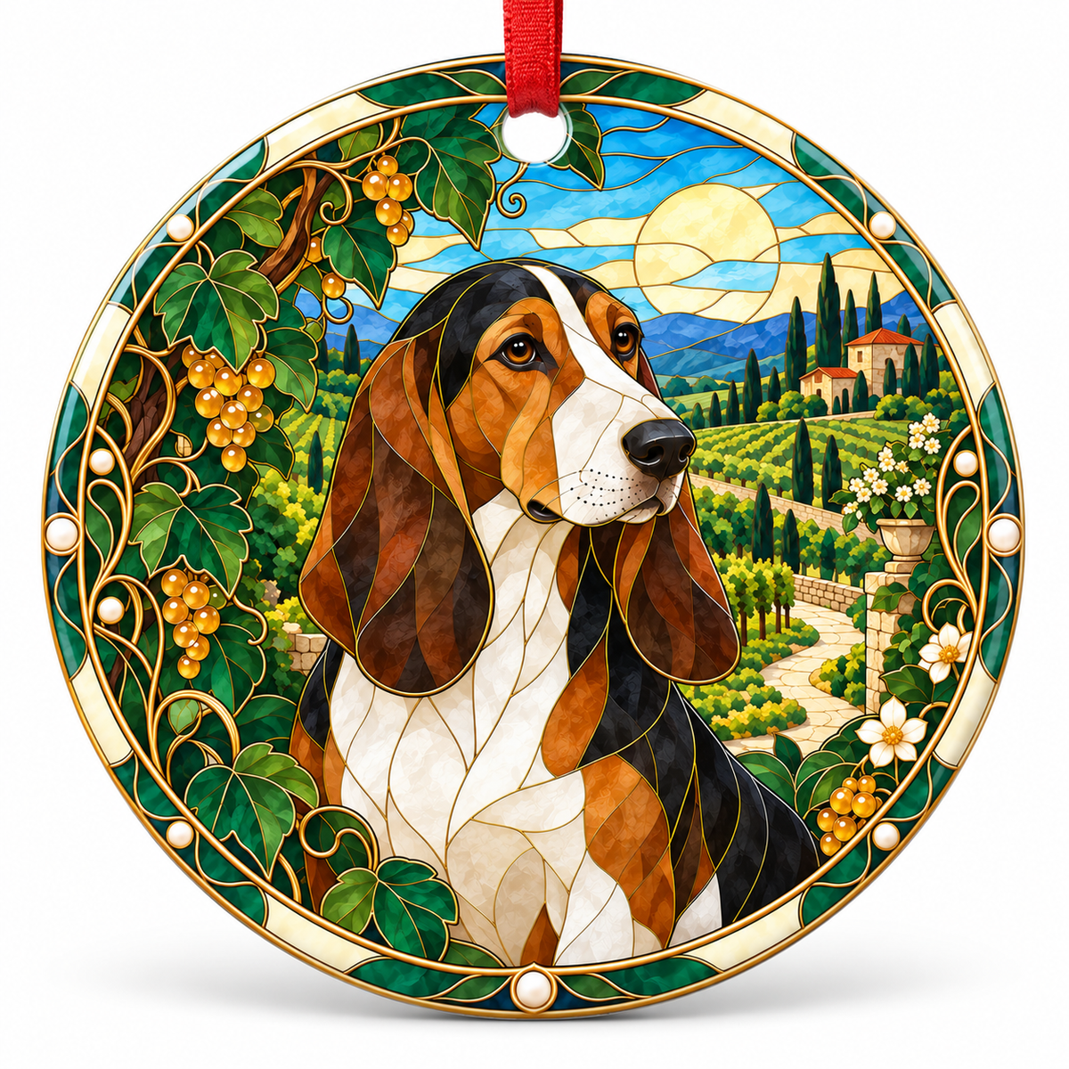 Tricolor Basset Artésien Normand stained glass style porcelain Christmas ornament with red ribbon