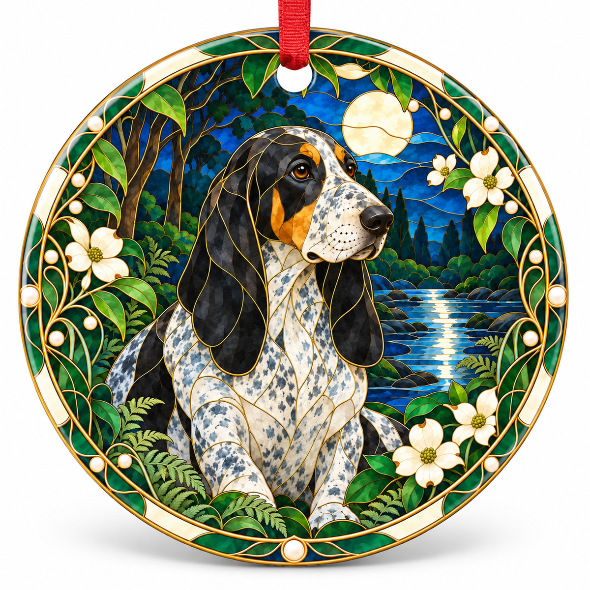Original Basset Bleu de Gascogne stained glass style porcelain Christmas ornament with red ribbon