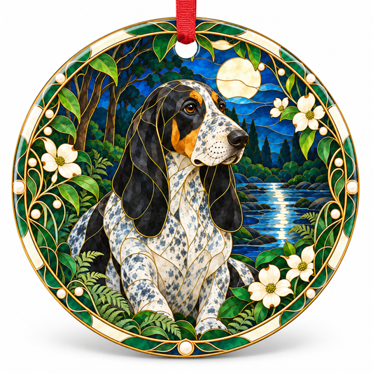Original Basset Bleu de Gascogne stained glass style porcelain Christmas ornament with red ribbon
