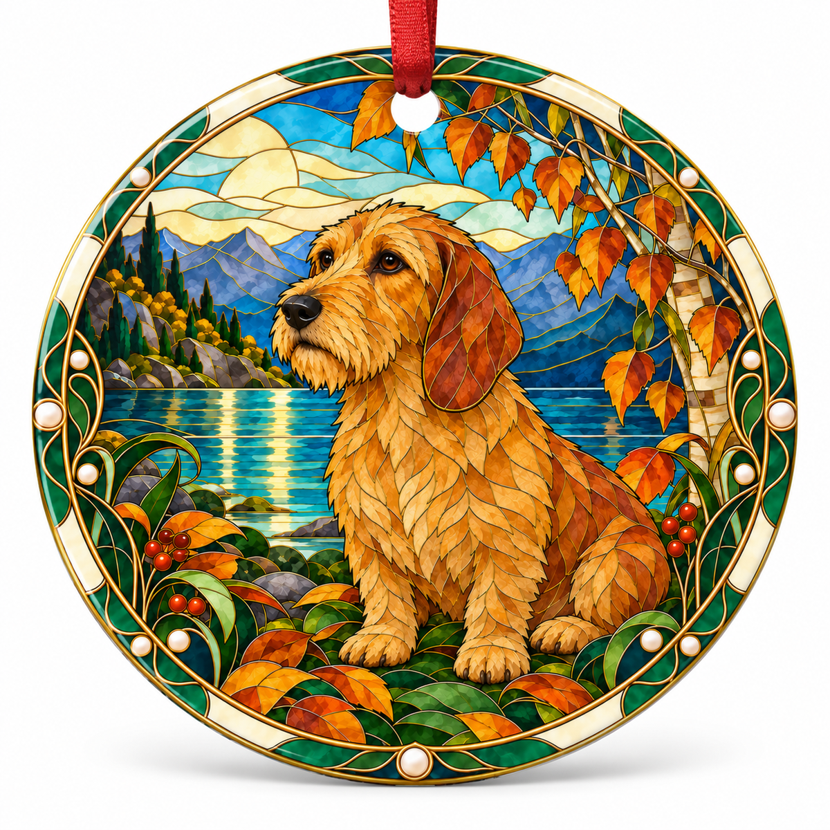 Original Basset Fauve de Bretagne stained glass style porcelain Christmas ornament with red ribbon