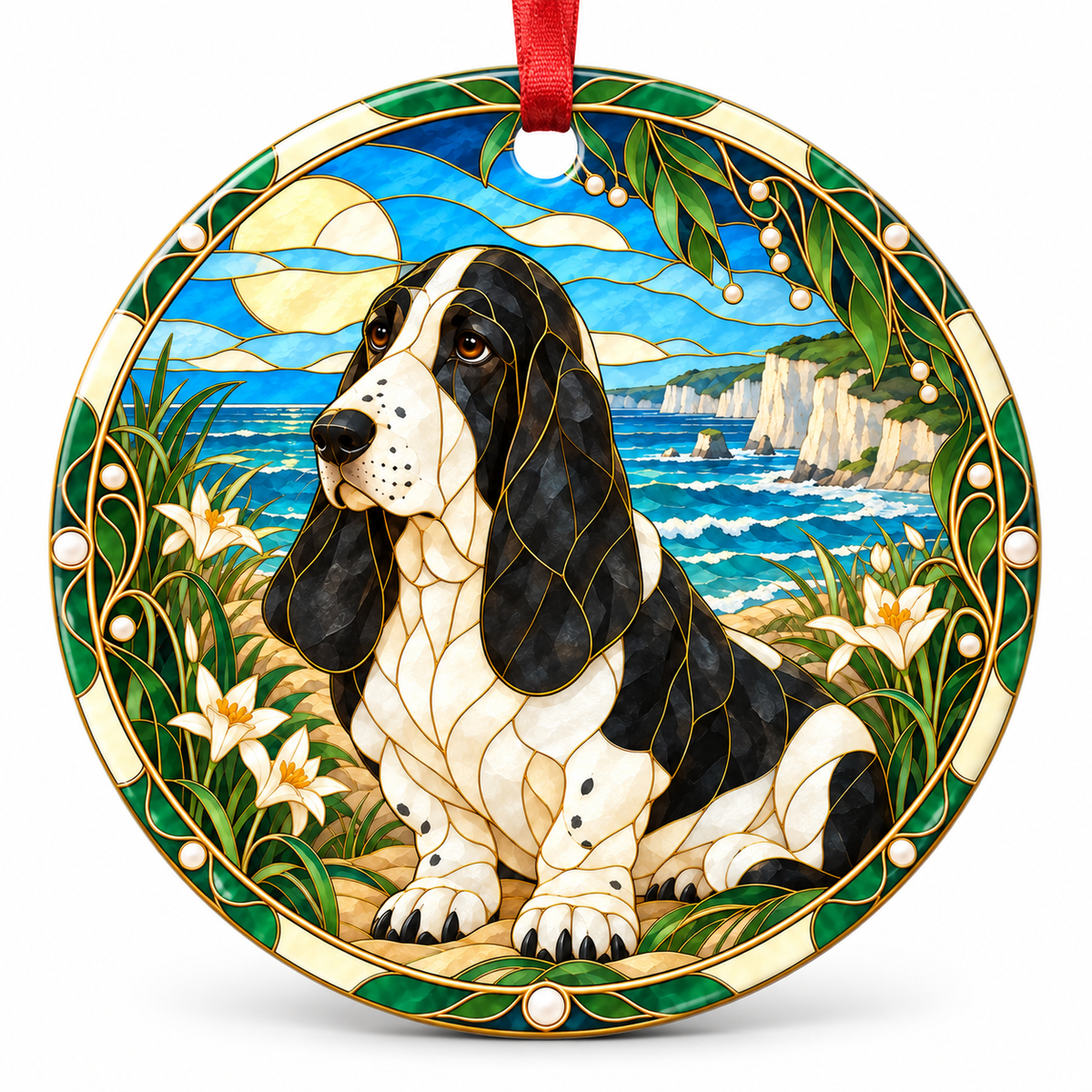 Black And White Basset Hound stained glass style porcelain Christmas ornament with red ribbon