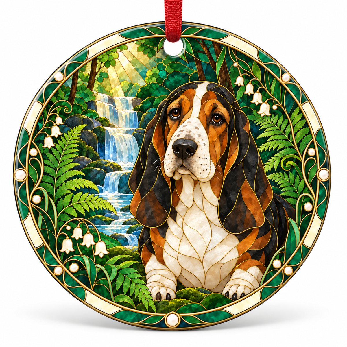 Classic Tricolor Basset Hound stained glass style porcelain Christmas ornament with red ribbon