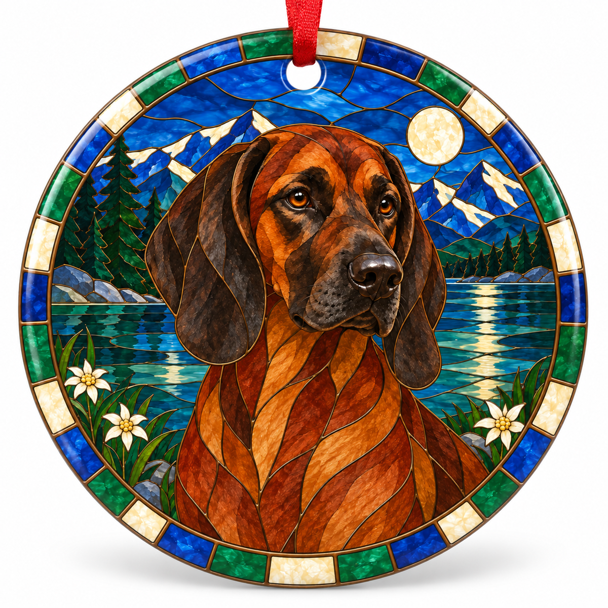 Original Bavarian Mountain Scent Hound stained glass style porcelain Christmas ornament with red ribbon