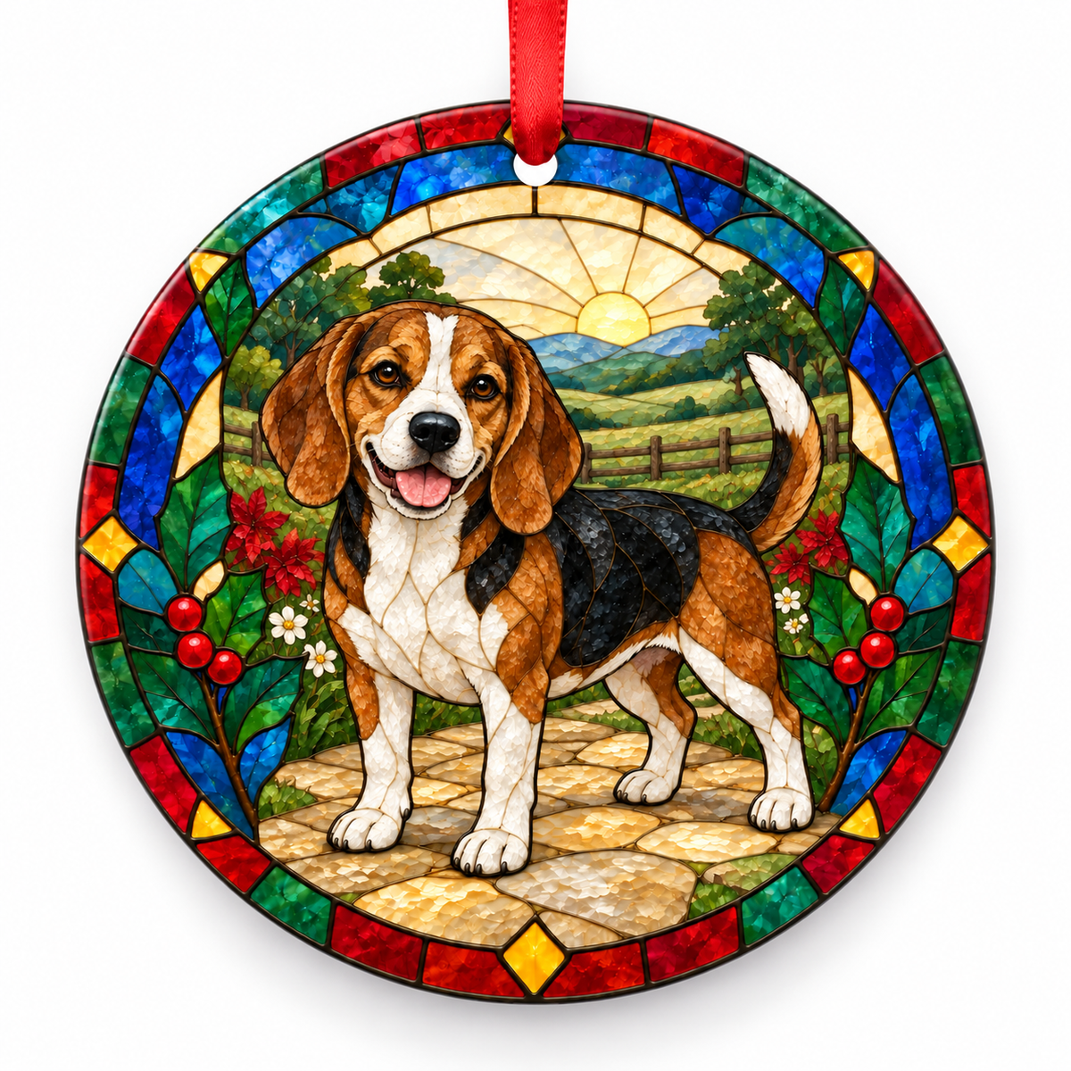 Beagle tricolor porcelain Christmas ornament with red ribbon — ORN-10213