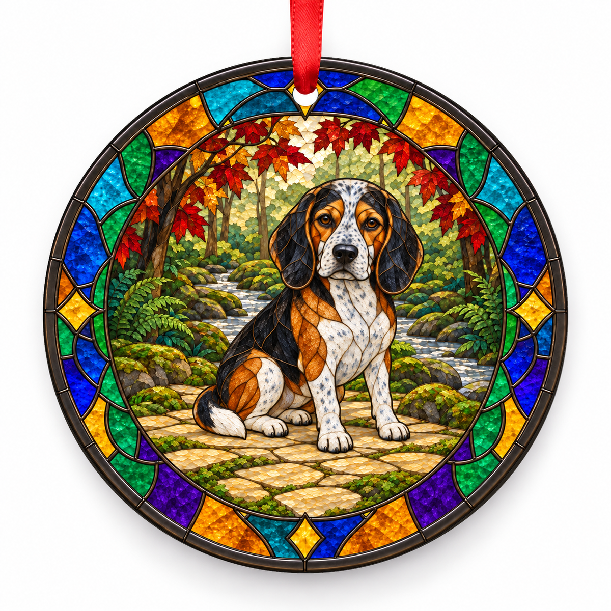 Beagle Bluetick Tricolor porcelain Christmas ornament with red ribbon — ORN-10214