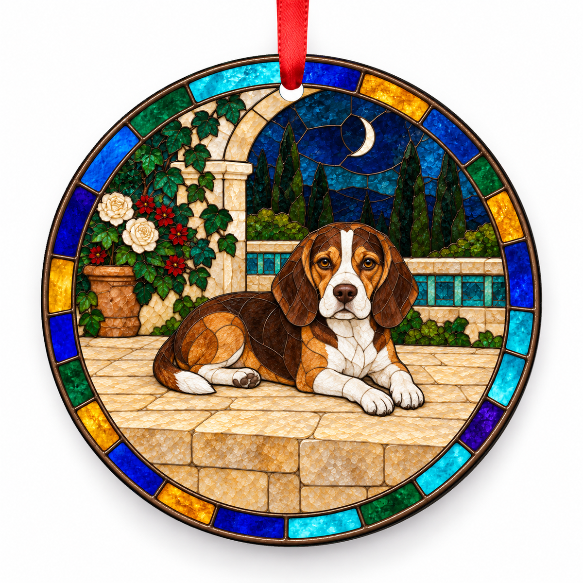 Beagle Chocolate Tricolor porcelain Christmas ornament with red ribbon — ORN-10215