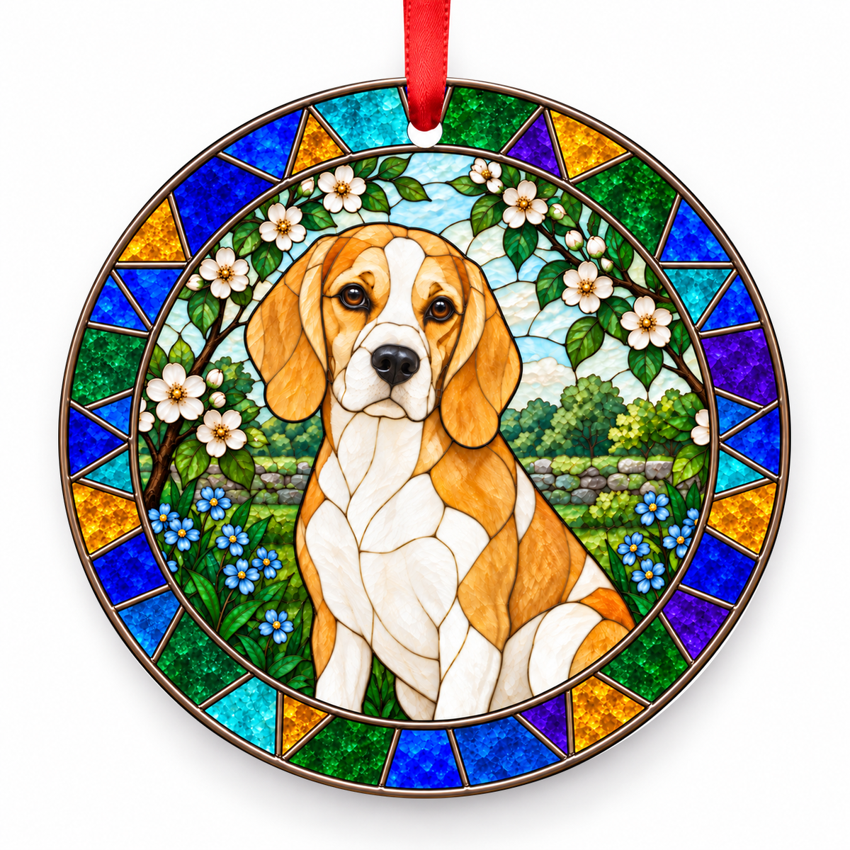 Lemon and white Beagle porcelain Christmas ornament with red ribbon — ORN-10216