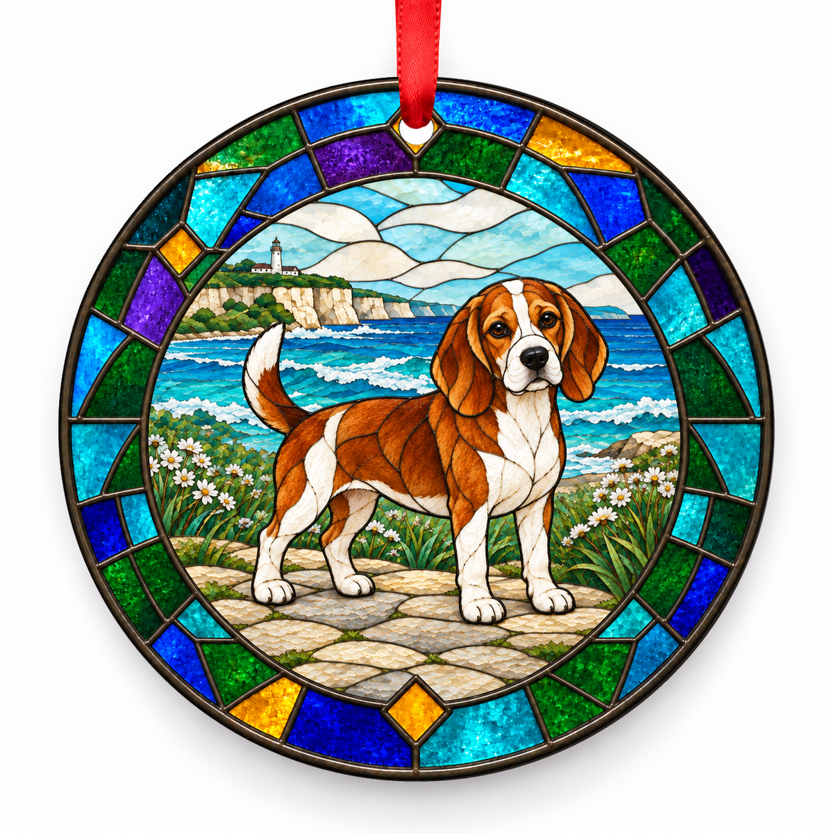 Beagle Red And White porcelain Christmas ornament with red ribbon — ORN-10217