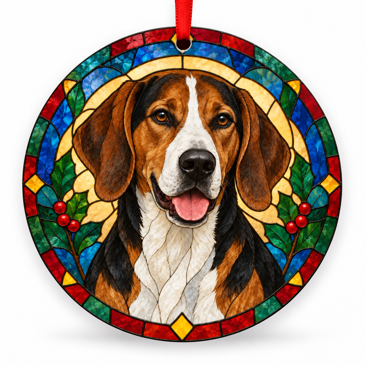 Original Beagle-Harrier stained glass style porcelain Christmas ornament with red ribbon