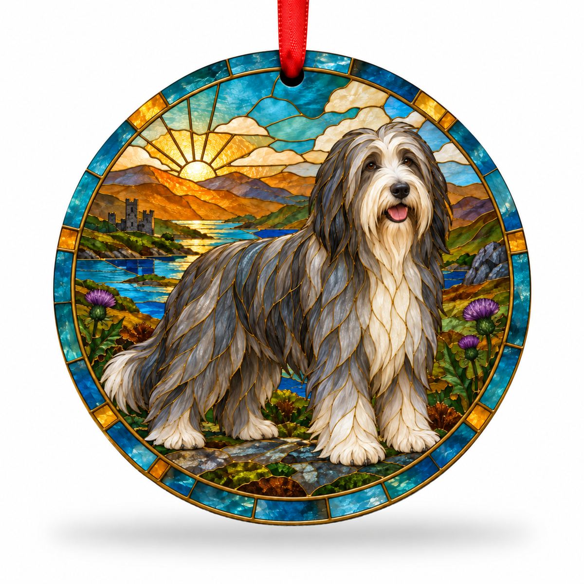 Original Bearded Collie stained glass style porcelain Christmas ornament with red ribbon