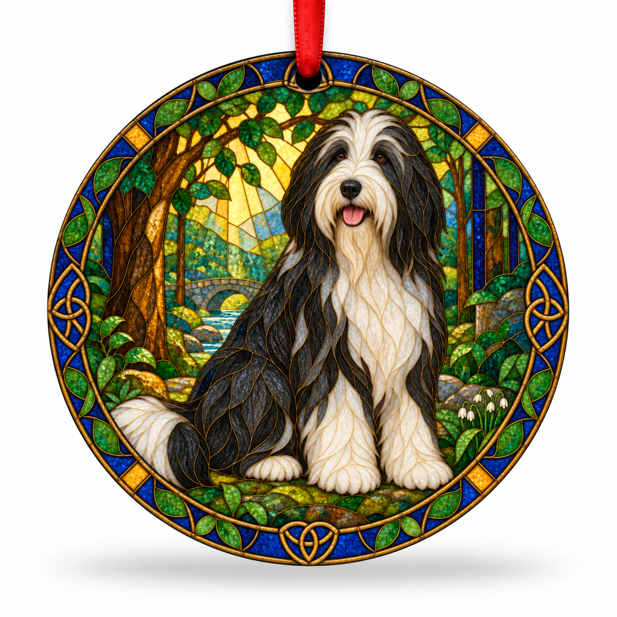 Black And White Bearded Collie stained glass style porcelain Christmas ornament with red ribbon