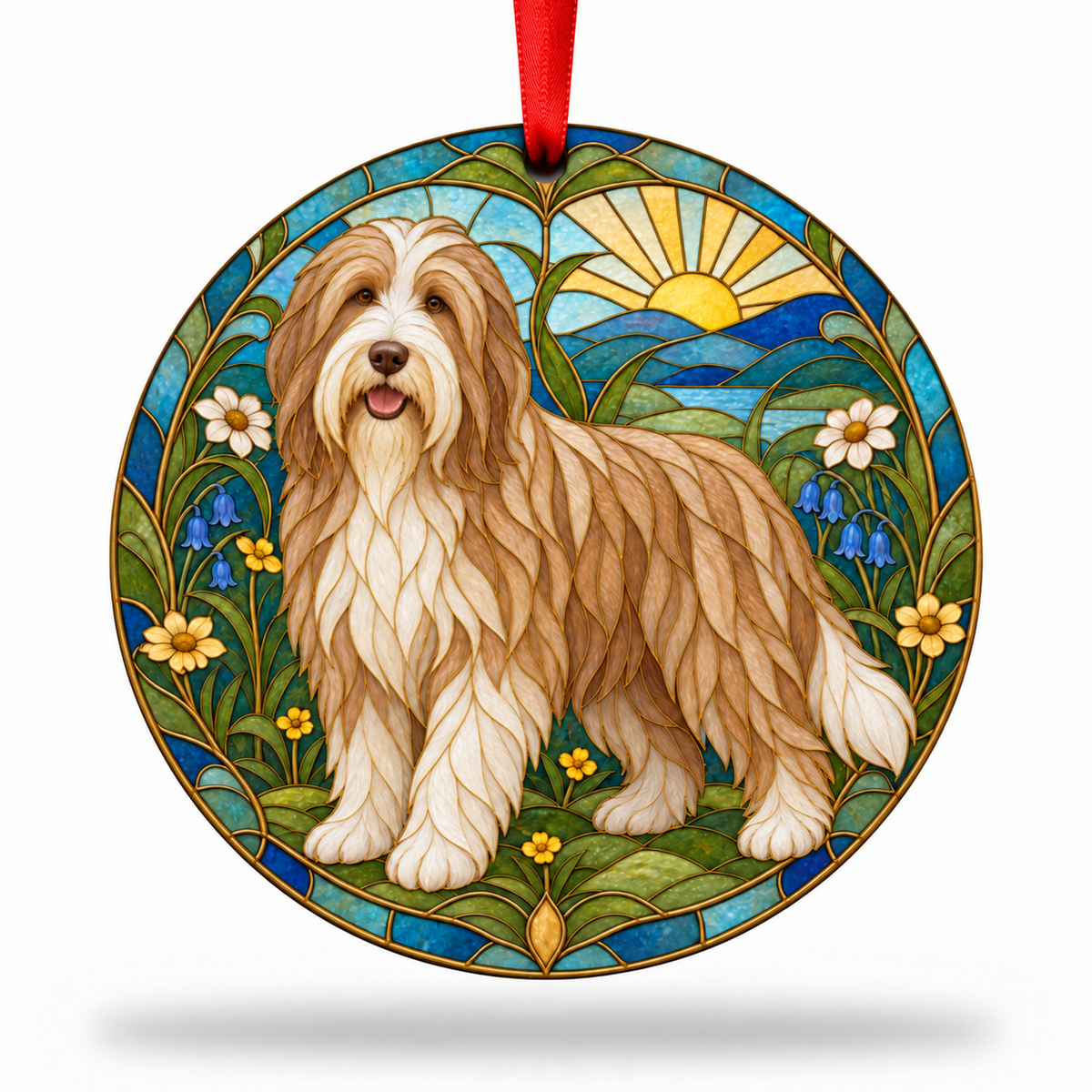 Fawn And White Bearded Collie stained glass style porcelain Christmas ornament with red ribbon