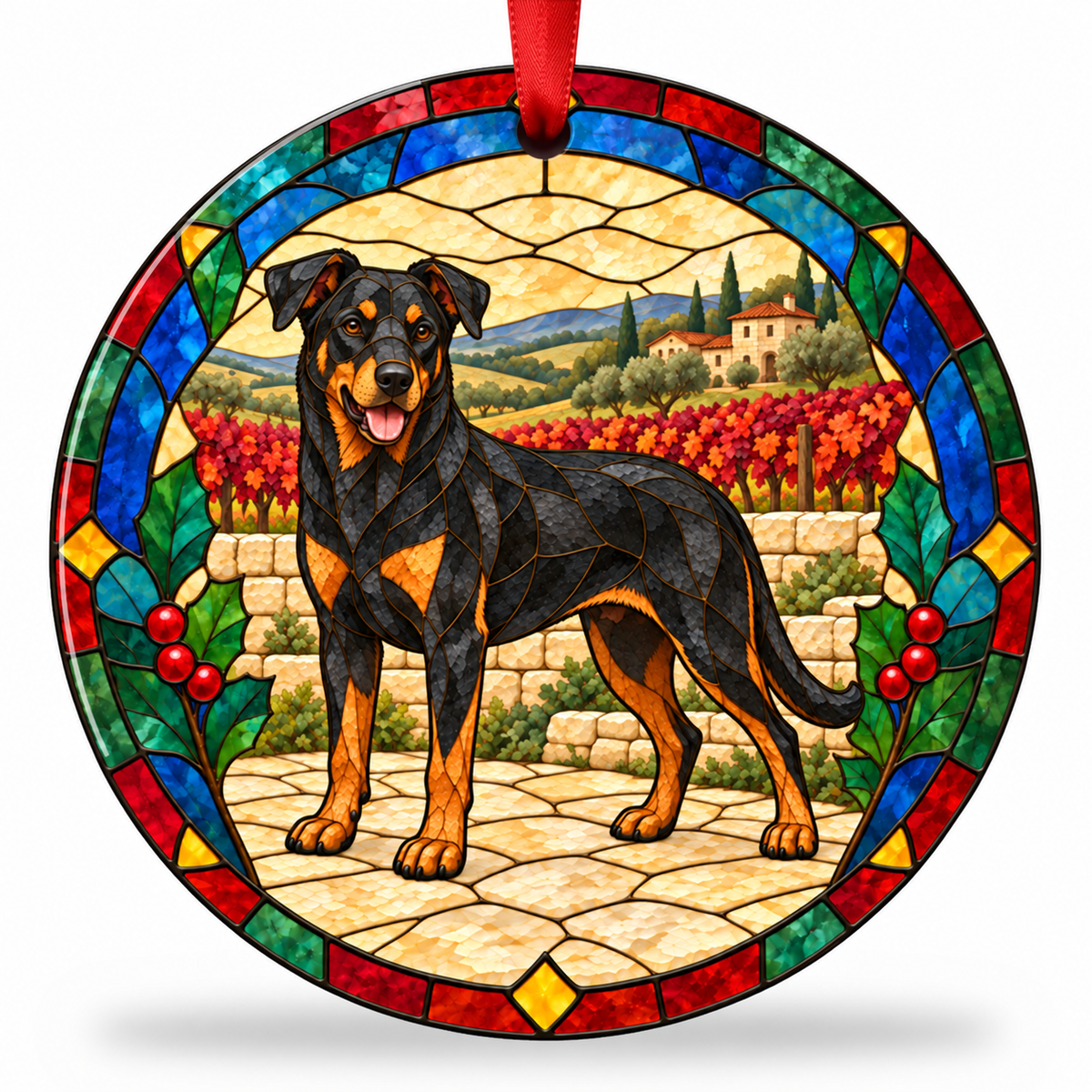 Original Beauceron stained glass style porcelain Christmas ornament with red ribbon