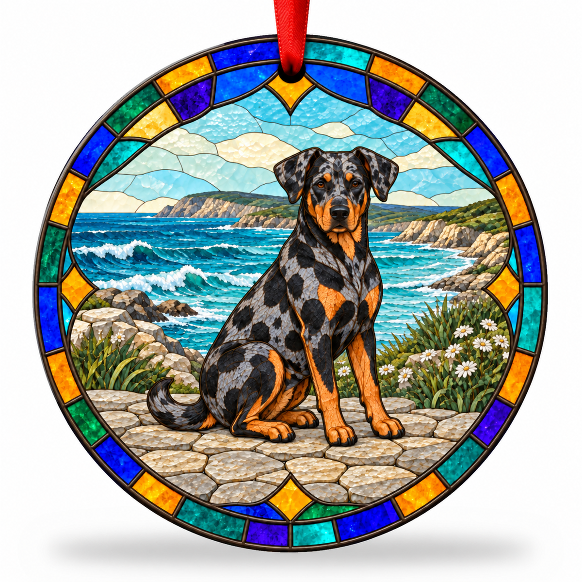 Harlequin Beauceron stained glass style porcelain Christmas ornament with red ribbon