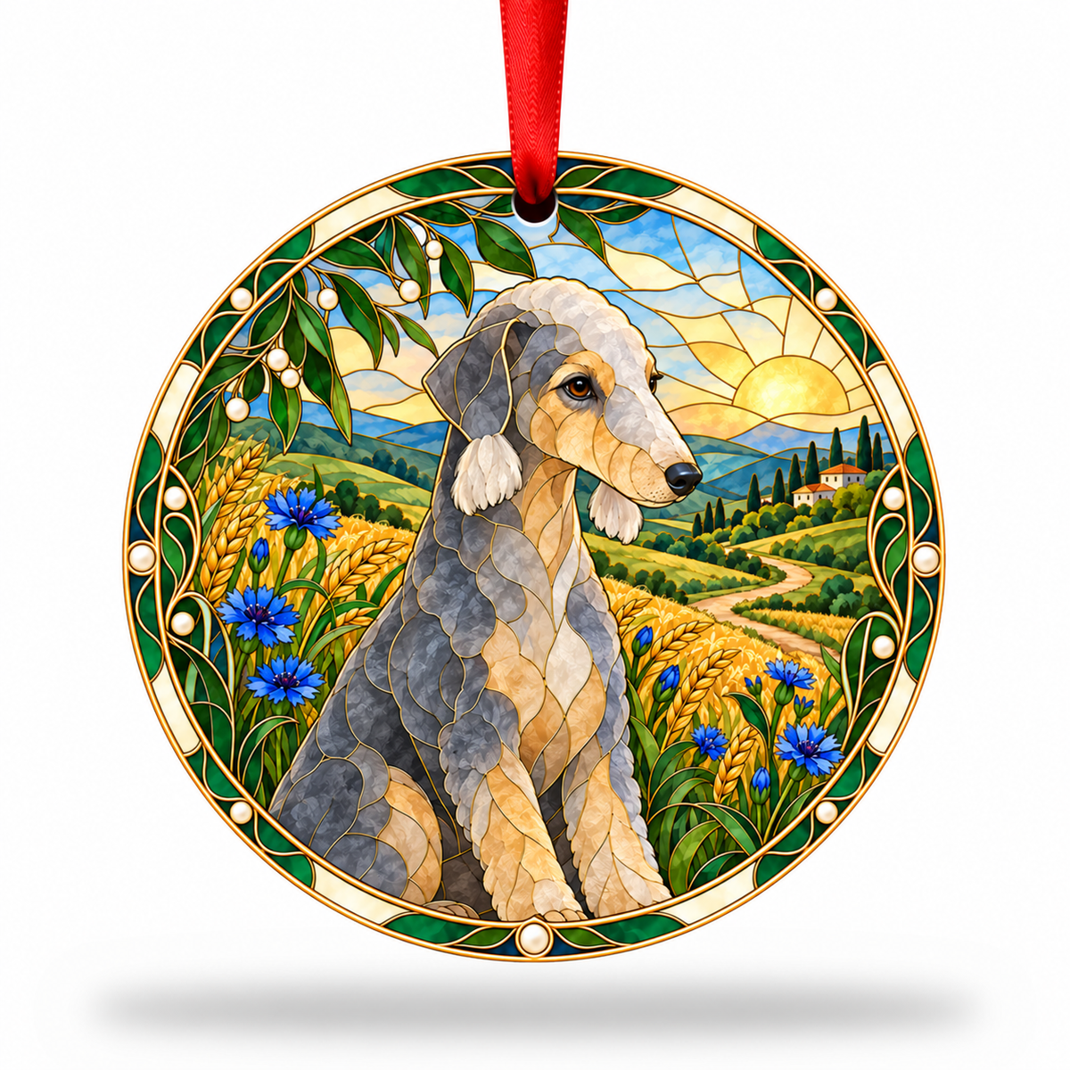 Blue And Tan Bedlington Terrier stained glass style porcelain Christmas ornament with red ribbon