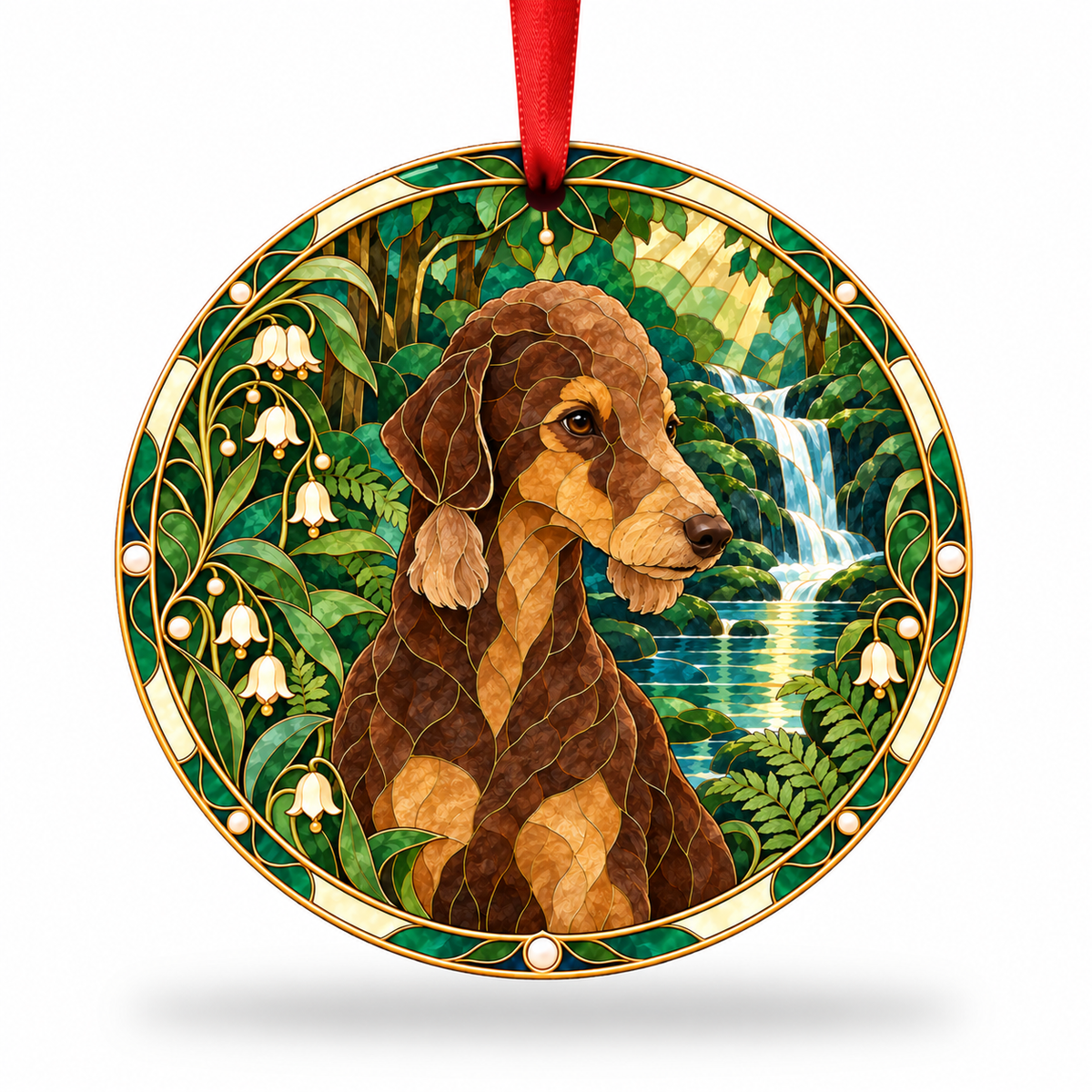 Liver And Tan Bedlington Terrier stained glass style porcelain Christmas ornament with red ribbon