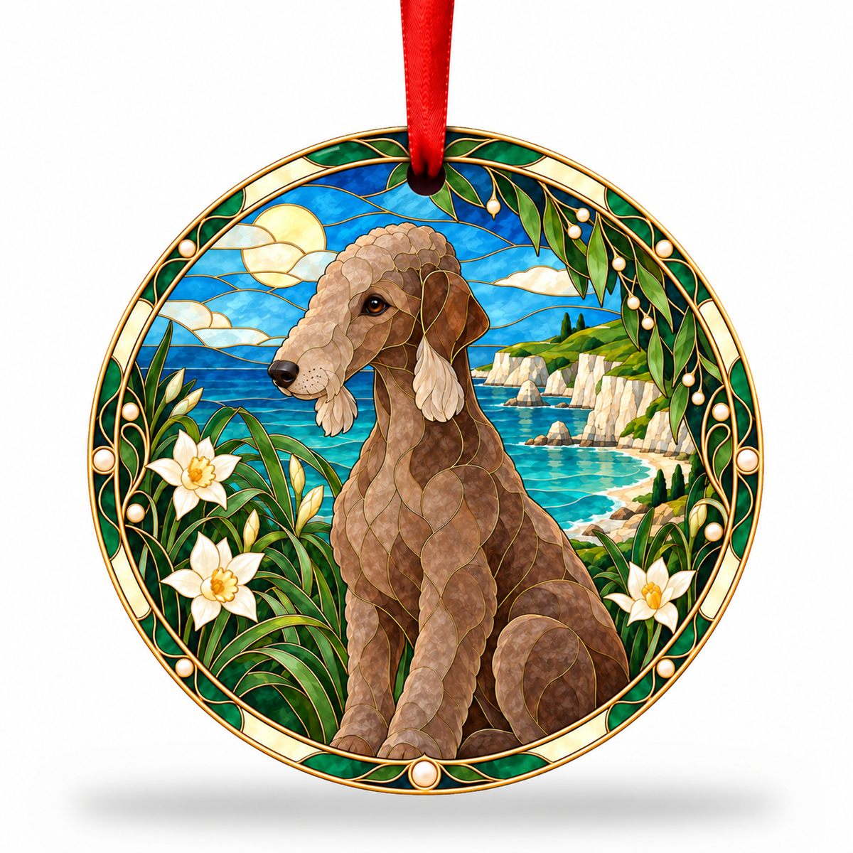 Liver Bedlington Terrier stained glass style porcelain Christmas ornament with red ribbon
