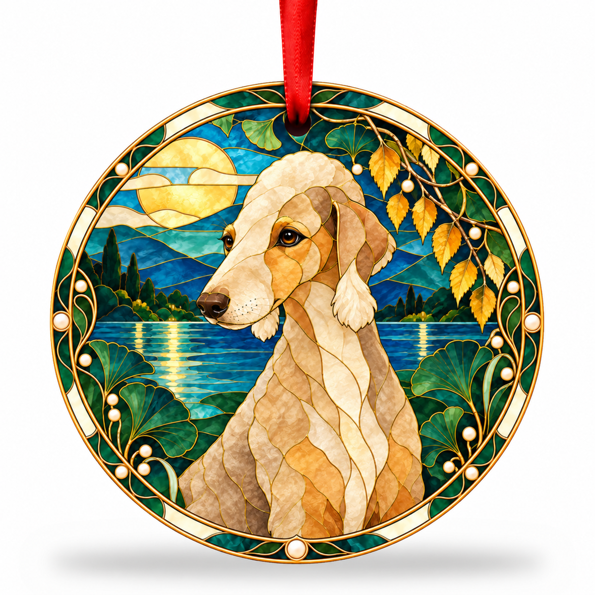 Sandy And Tan Bedlington Terrier stained glass style porcelain Christmas ornament with red ribbon