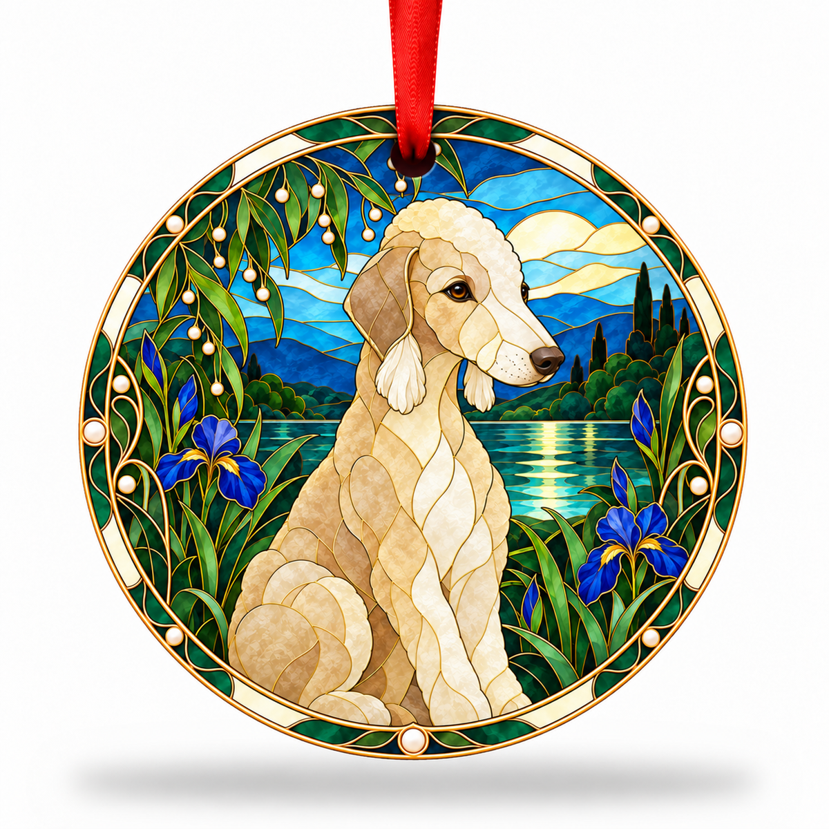 Sandy Bedlington Terrier stained glass style porcelain Christmas ornament with red ribbon