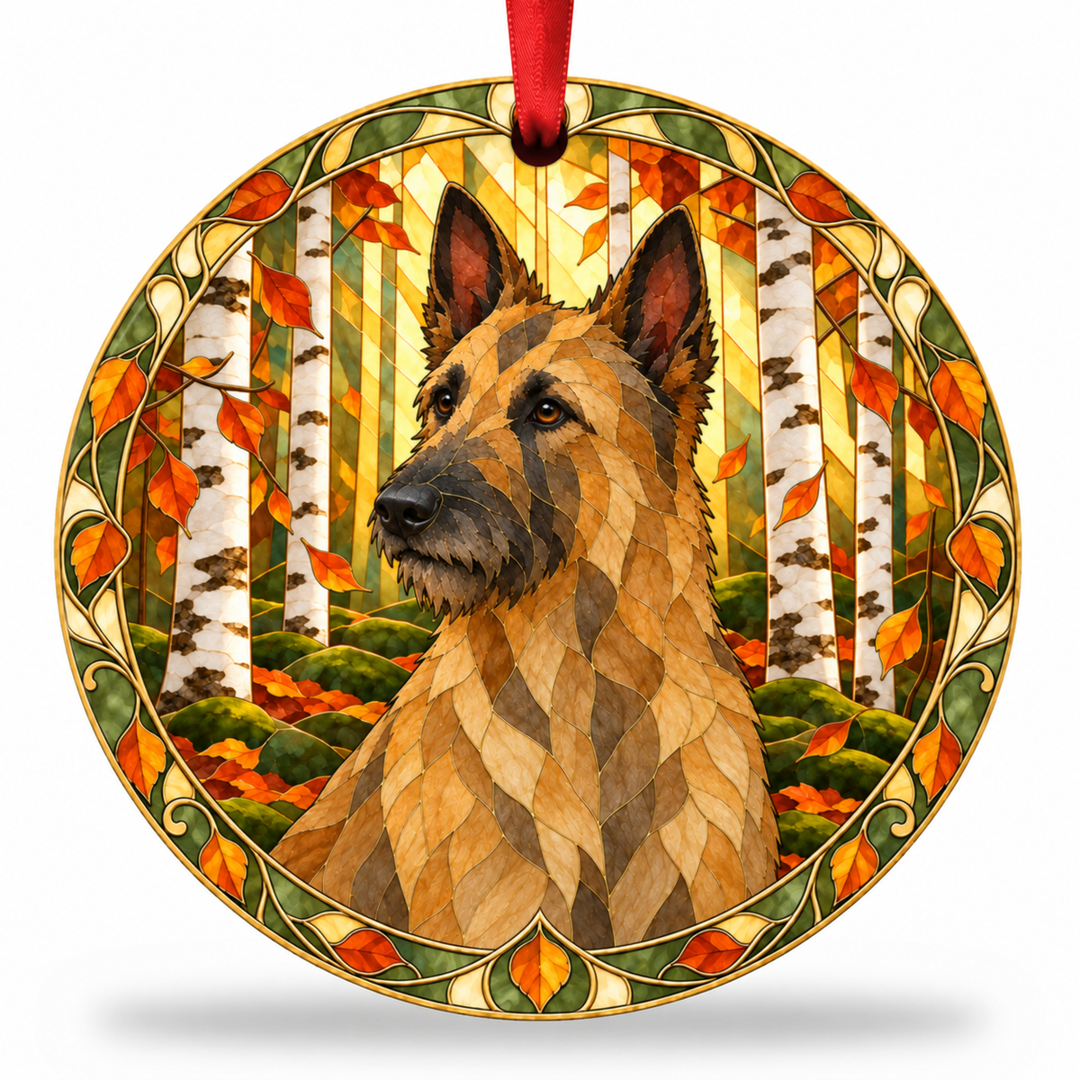 Original Belgian Laekenois stained glass style porcelain Christmas ornament with red ribbon