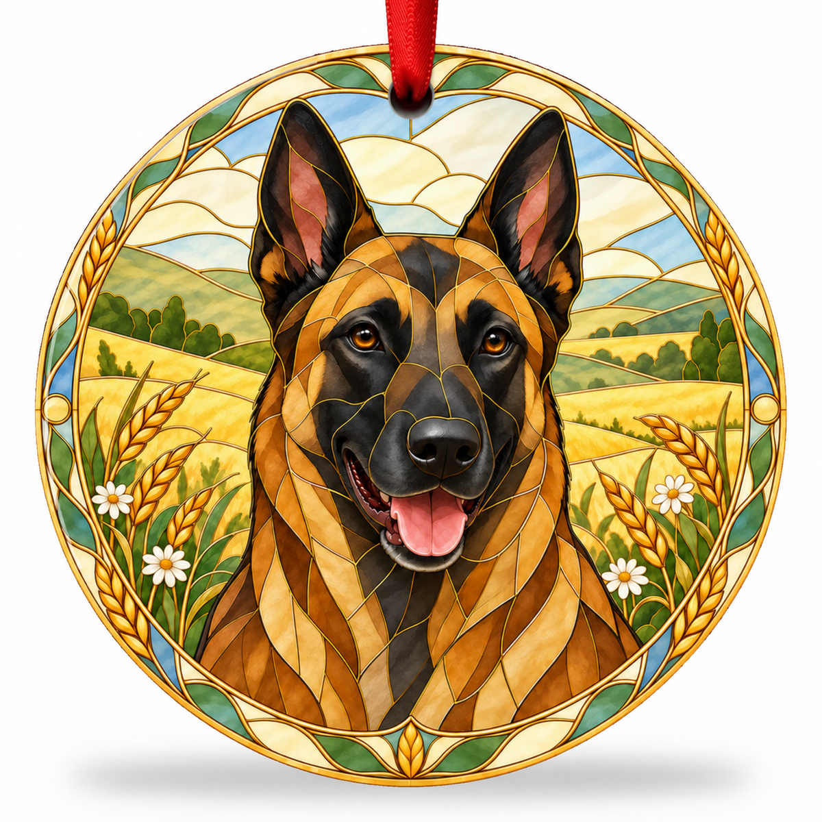 Original Belgian Malinois stained glass style porcelain Christmas ornament with red ribbon