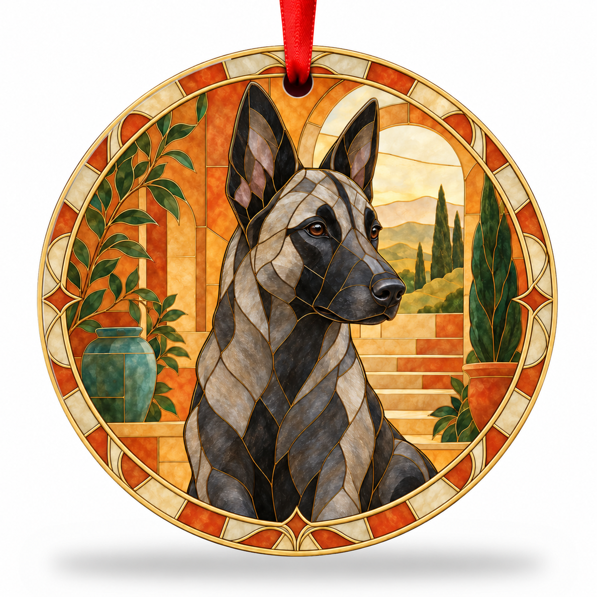 Gray Black Overlay Belgian Malinois stained glass style porcelain Christmas ornament with red ribbon