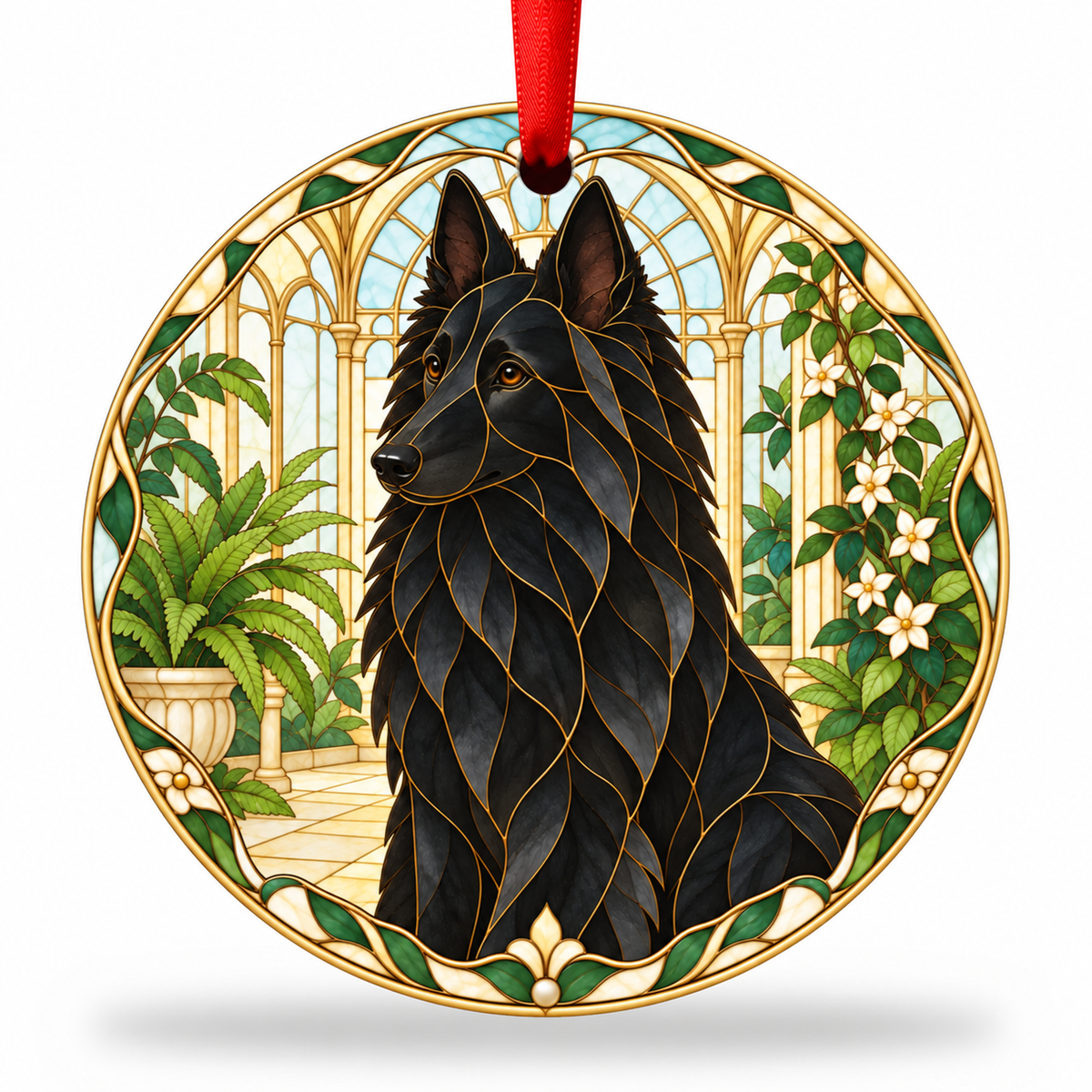 Original Belgian Sheepdog stained glass style porcelain Christmas ornament with red ribbon