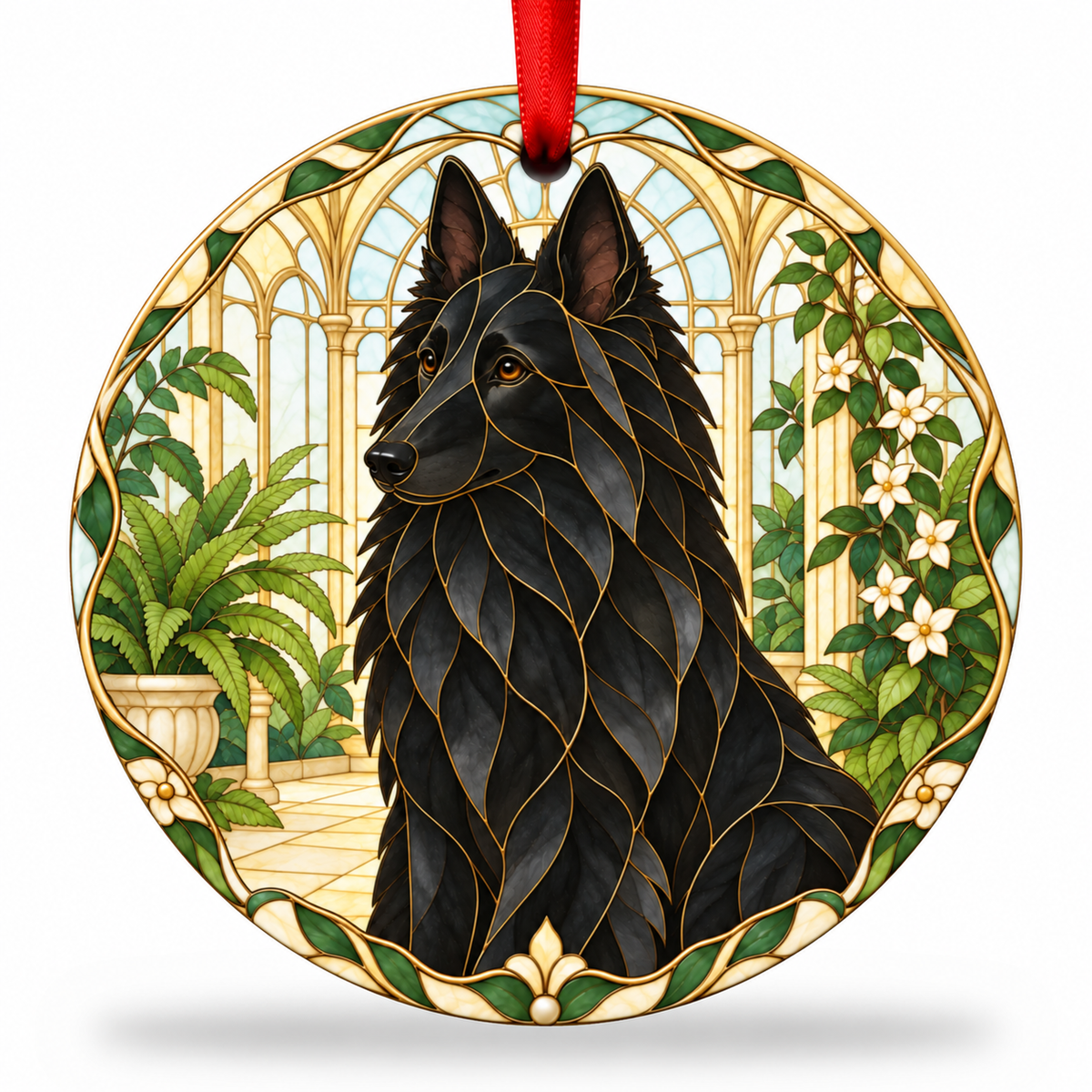 Original Belgian Shepherd Dog stained glass style porcelain Christmas ornament with red ribbon
