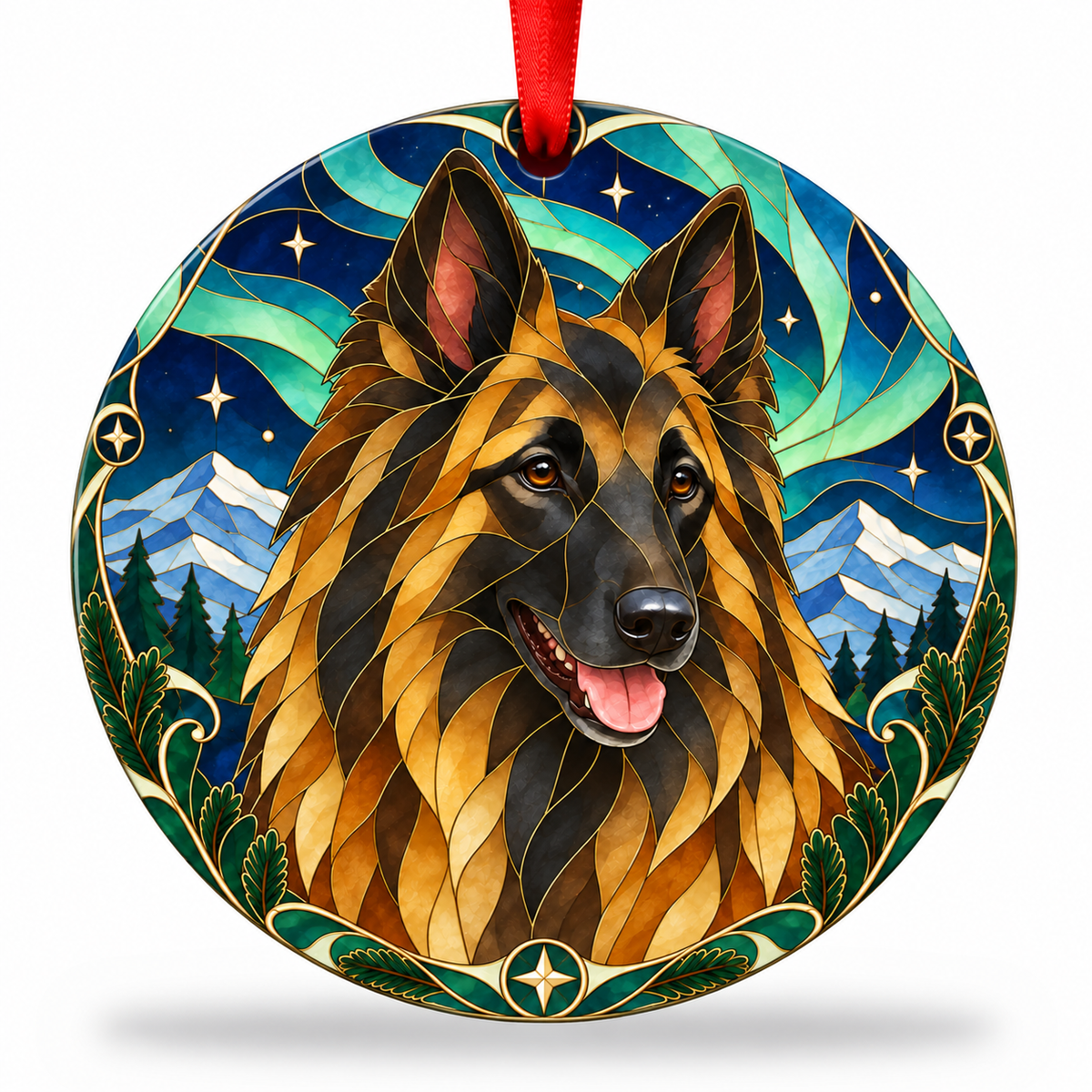 Original Belgian Tervuren stained glass style porcelain Christmas ornament with red ribbon