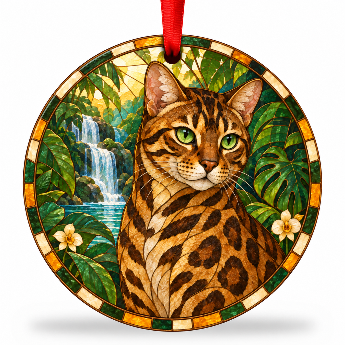 Original Bengal stained glass style porcelain Christmas ornament with red ribbon