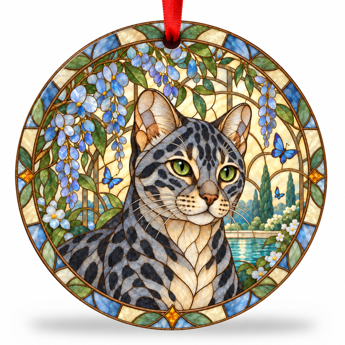 Blue Spotted Bengal stained glass style porcelain Christmas ornament with red ribbon